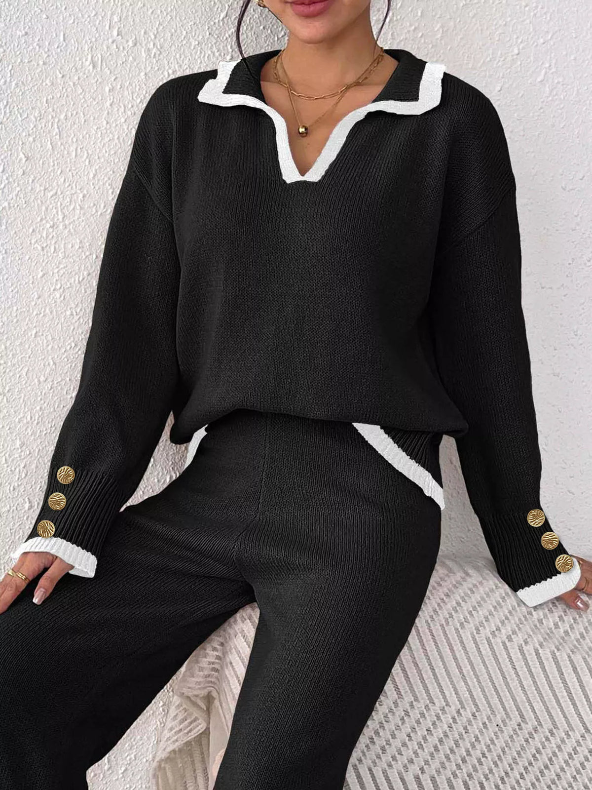 contrast trim polo collar sweater | dropsona - neutral - usage example