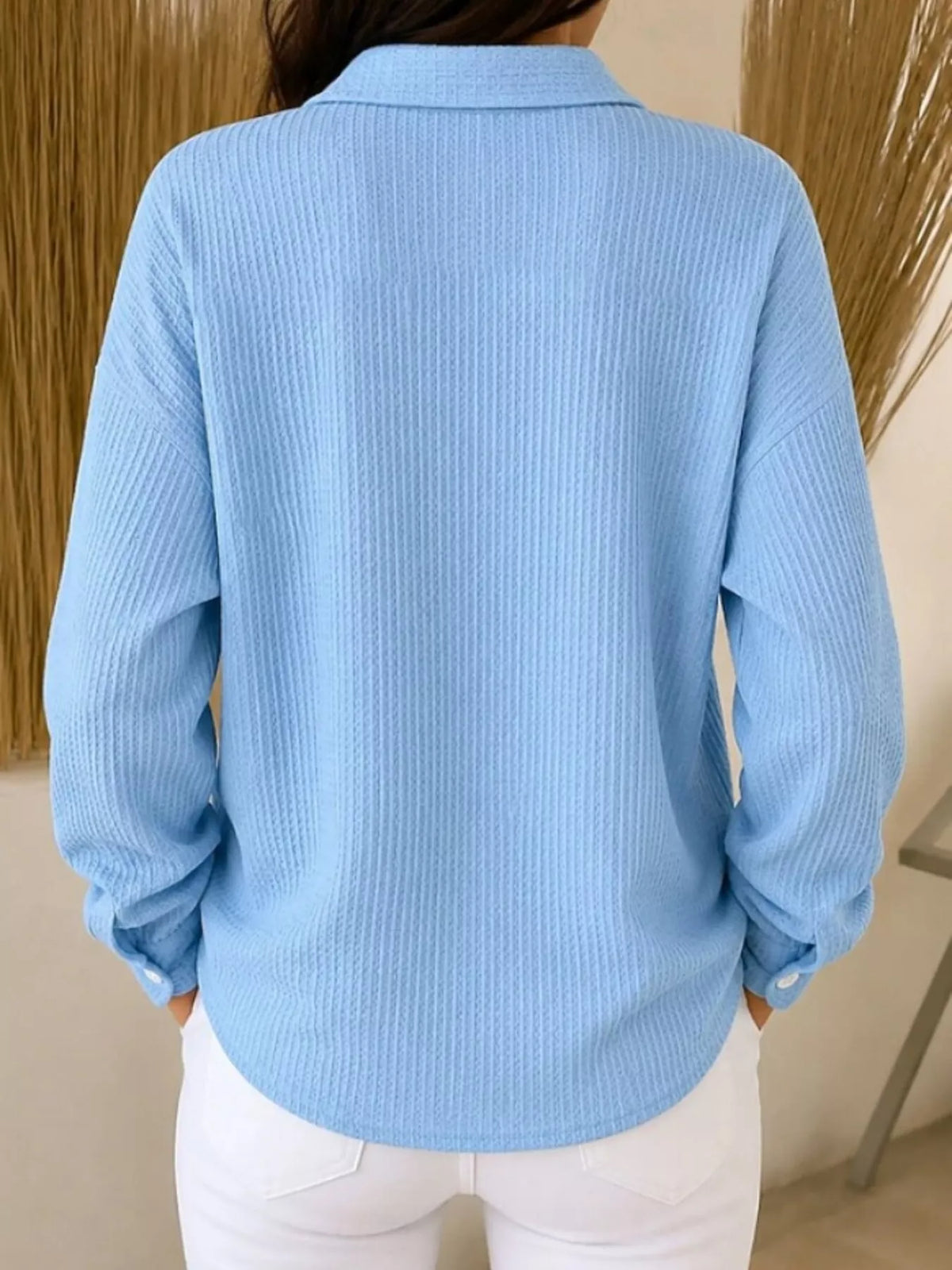 waffle knit button-down shirt – buttoned | dropsona - neutral - front view