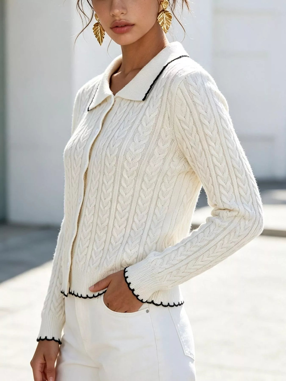 cable knit polo collar button-up cardigan | dropsona - neutral - close-up detail