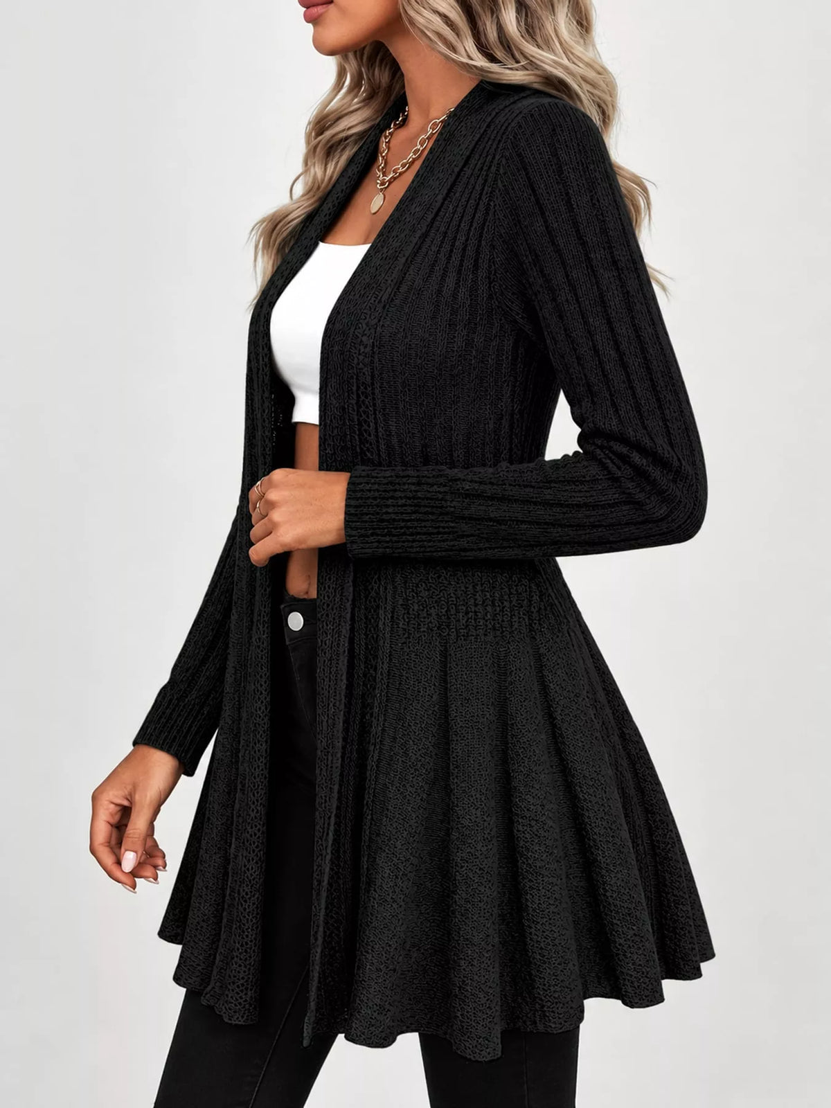 elegant ribbed knit open front flared cardigan | dropsona - neutral - usage example