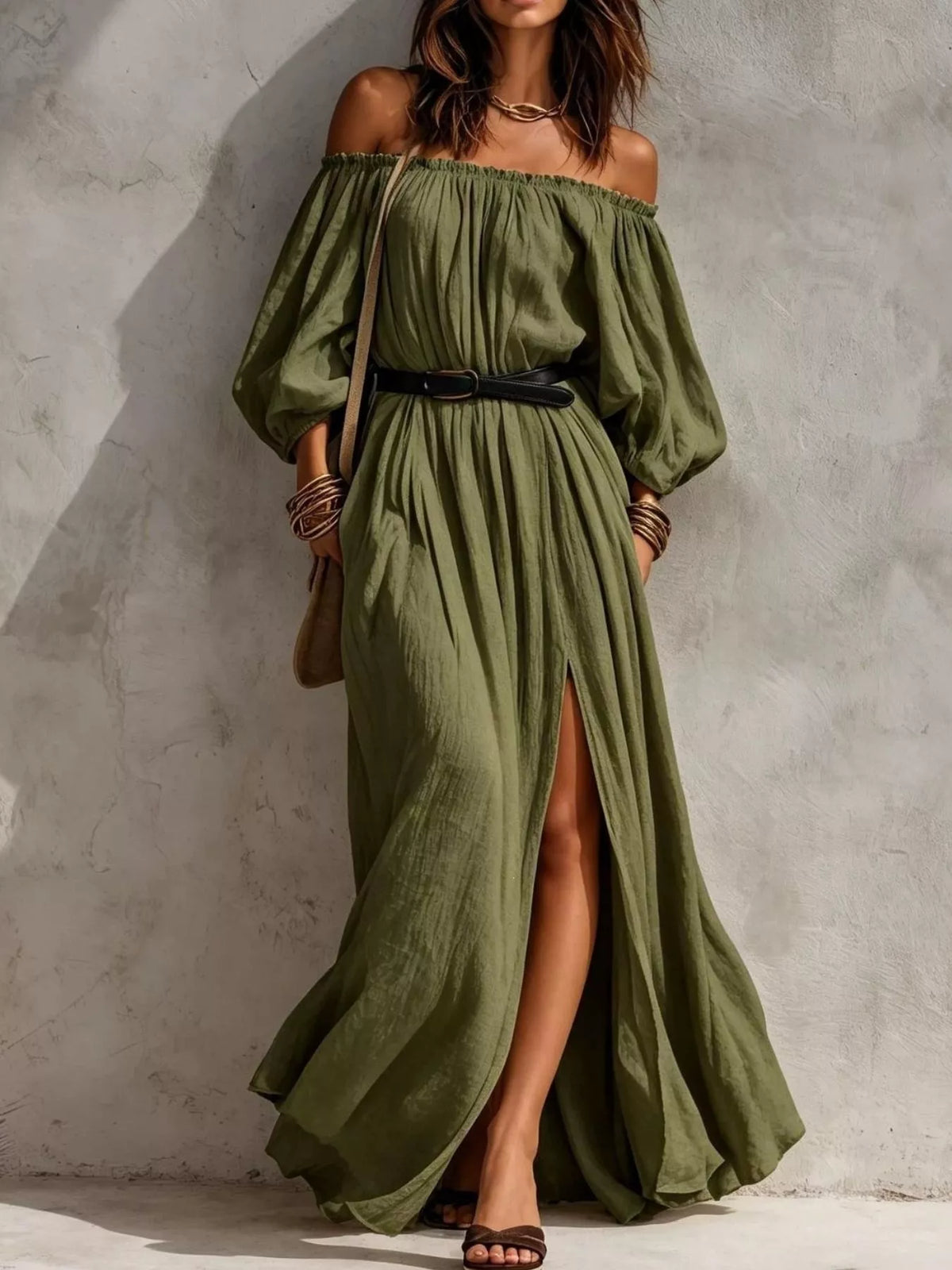 boho off-shoulder maxi dress with side slit | dropsona - neutral - everyday use