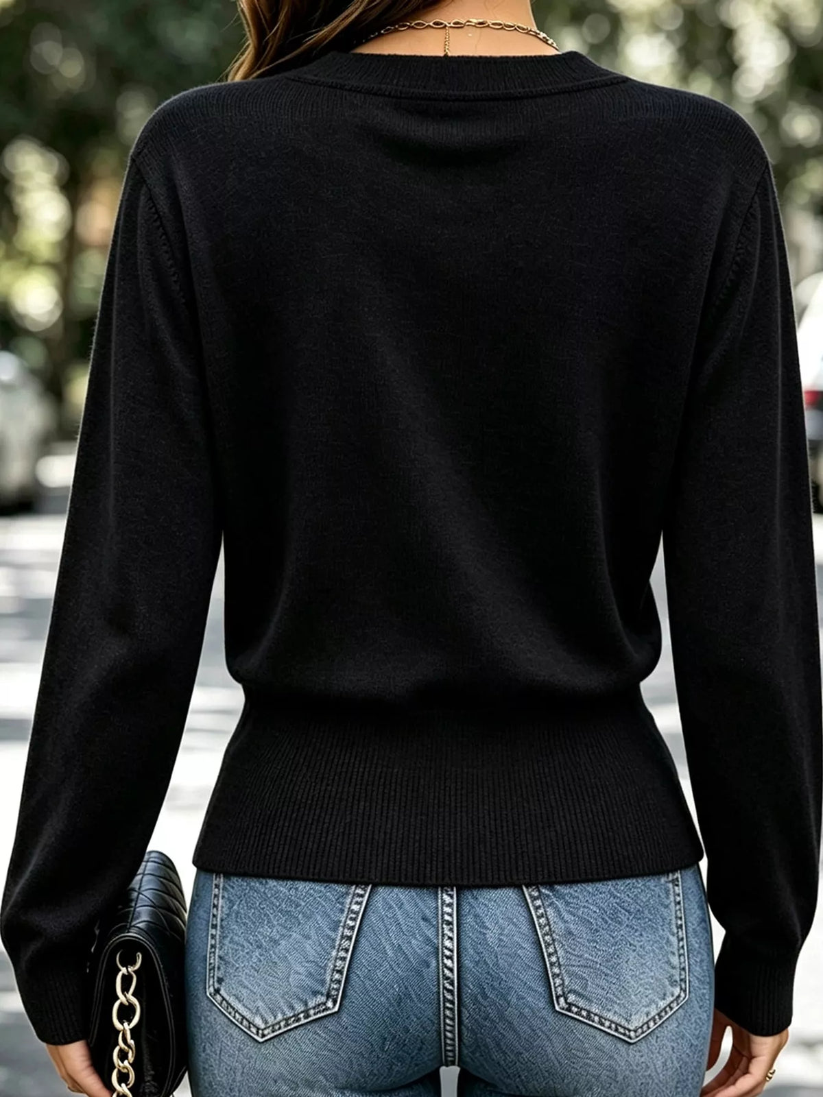 surplice elastic waist long sleeve knit top | dropsona - neutral - front view