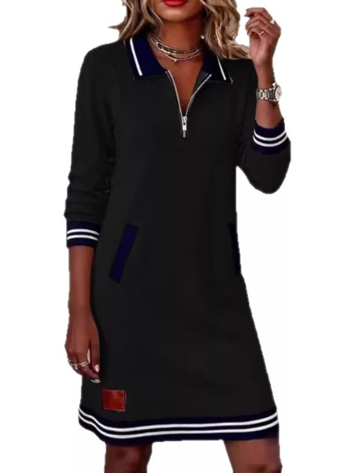 full size zip-up polo collar knit dress plus | dropsona - neutral - size reference