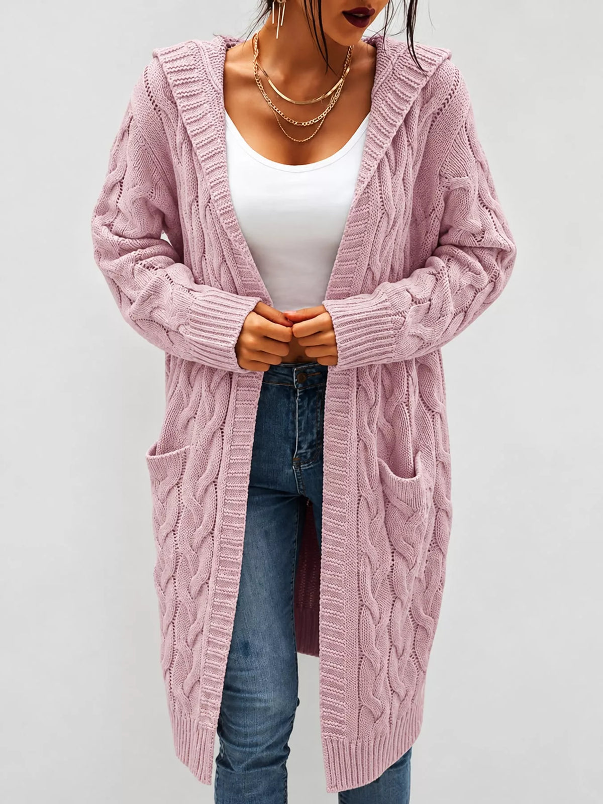 full size hooded cable knit longline cardigan plus | dropsona - neutral - packaging