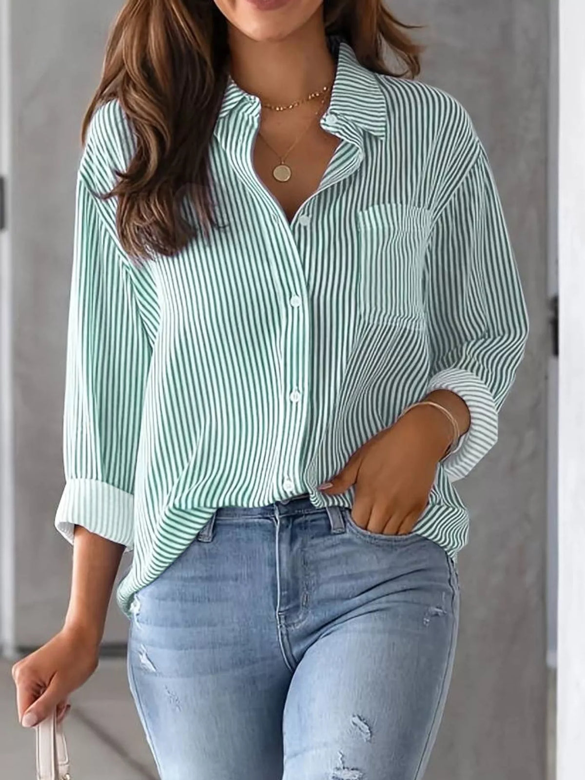 full size striped button-down long sleeve shirt plus | dropsona - neutral - close-up detail