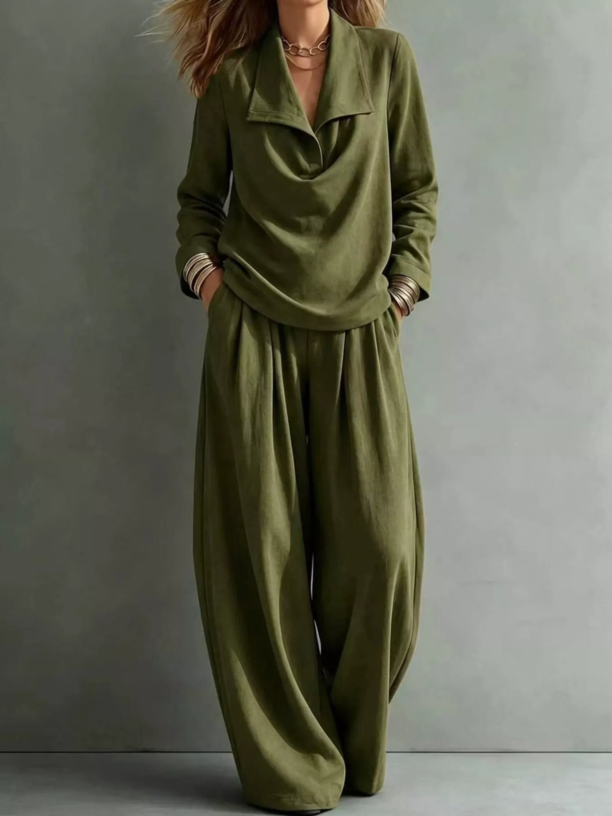 full size casual elegant top and wide-leg pants set | dropsona - neutral - material texture