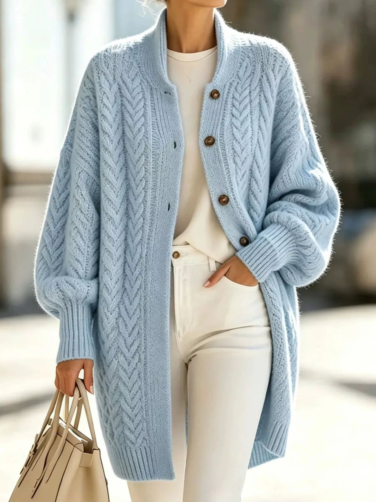 full size cable-knit button-down cardigan plus | dropsona - neutral - close-up detail