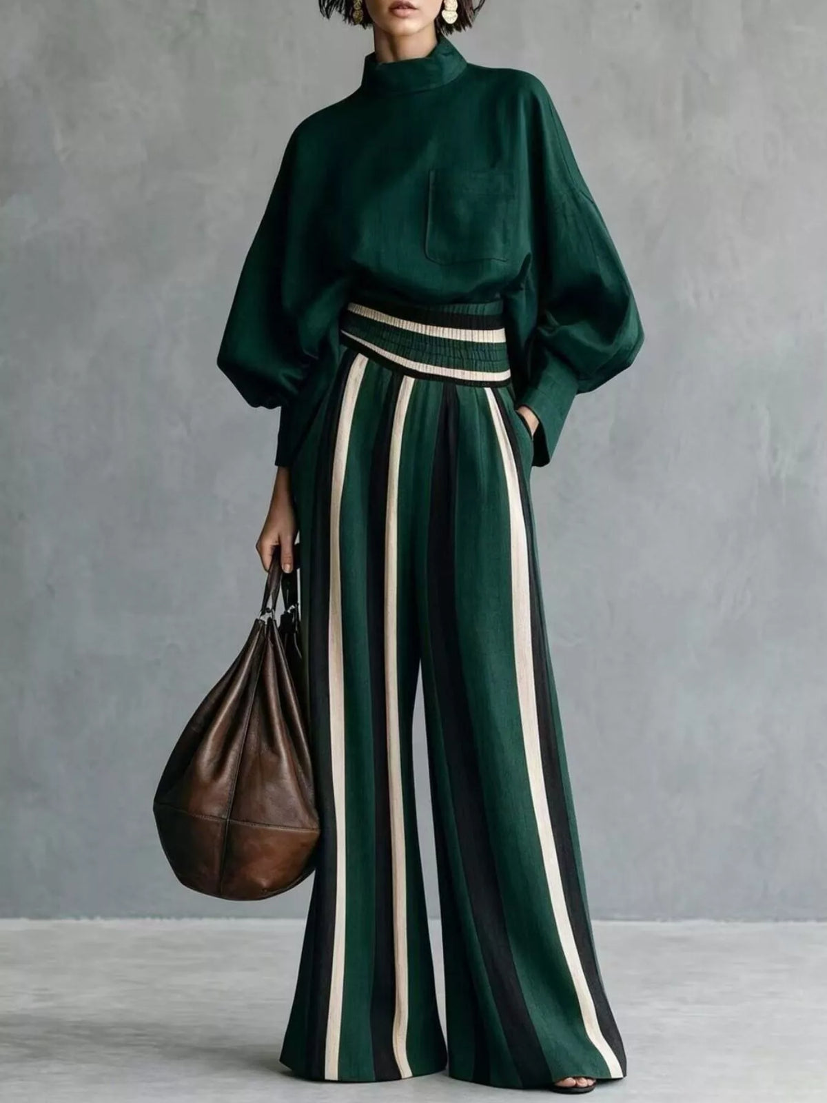 full size mock-neck blouse and striped wide-leg | dropsona - neutral - close-up detail