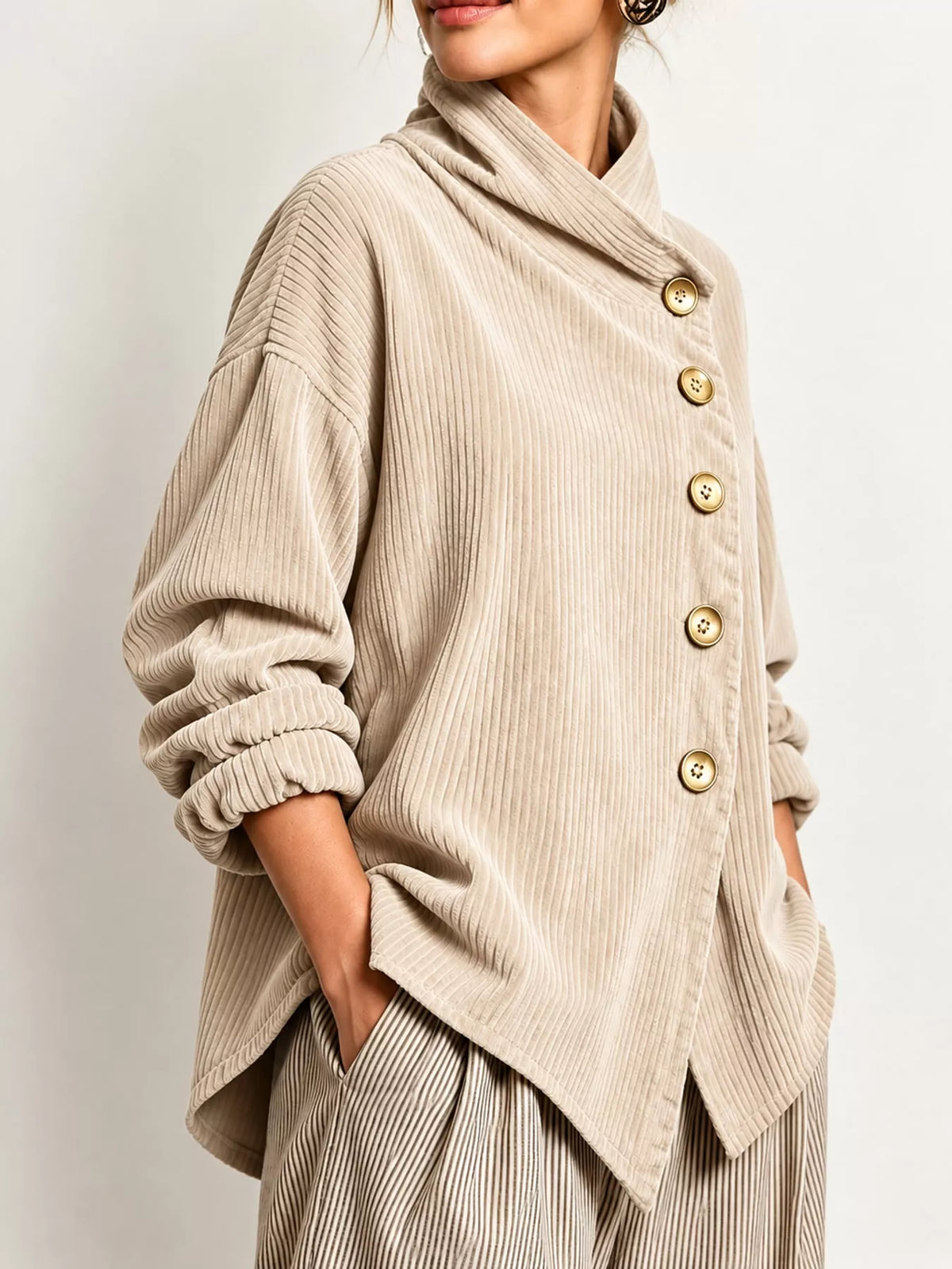 full size asymmetric button-down corduroy jacket plus | dropsona - neutral - material texture
