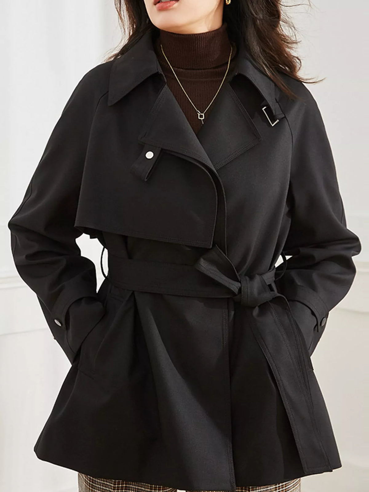double-breasted tie waist trench coat | dropsona - neutral - close-up detail