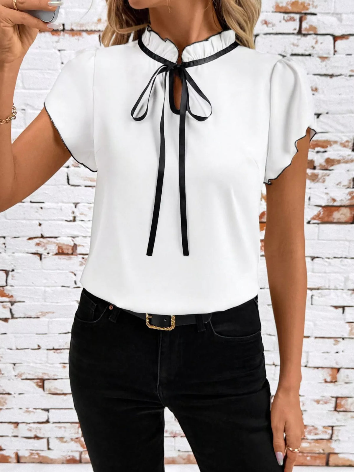 contrast trim ruffle sleeve tie-front blouse | dropsona - neutral - front view