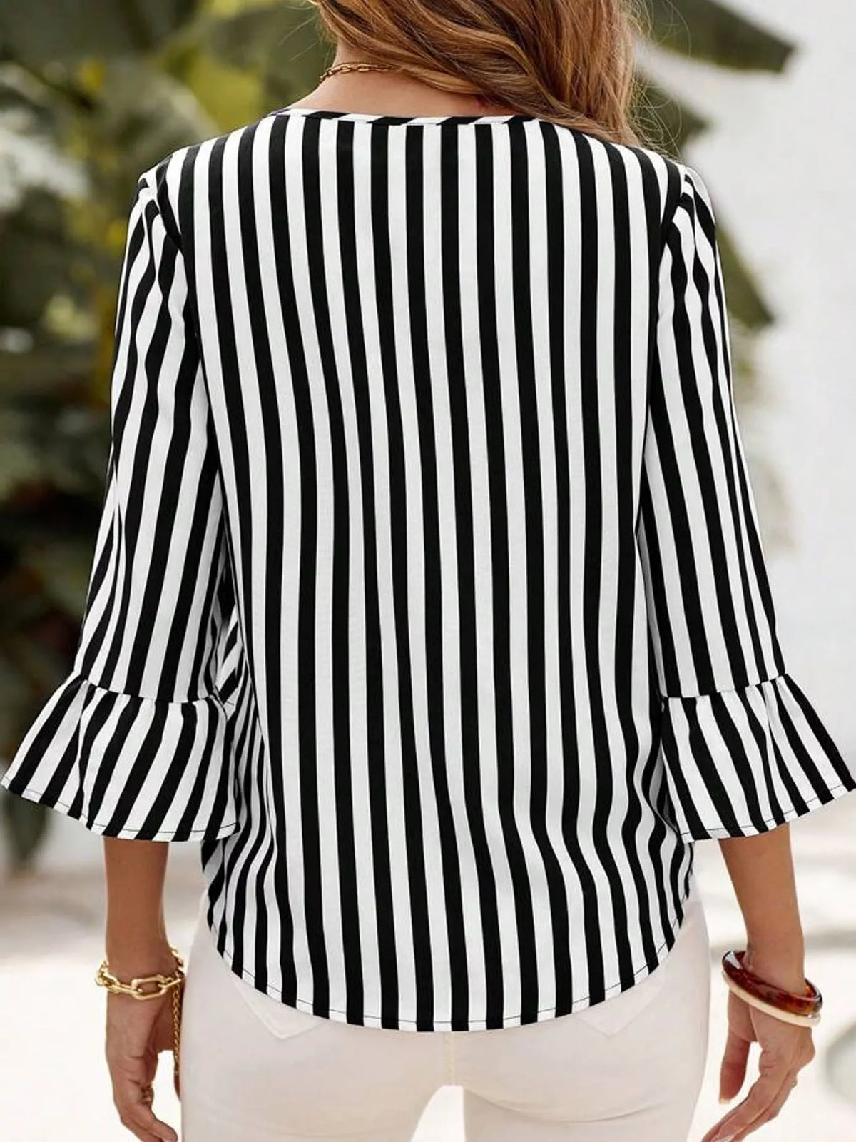 striped bell sleeve blouse – ruffled,basic style fit | dropsona - neutral - usage example