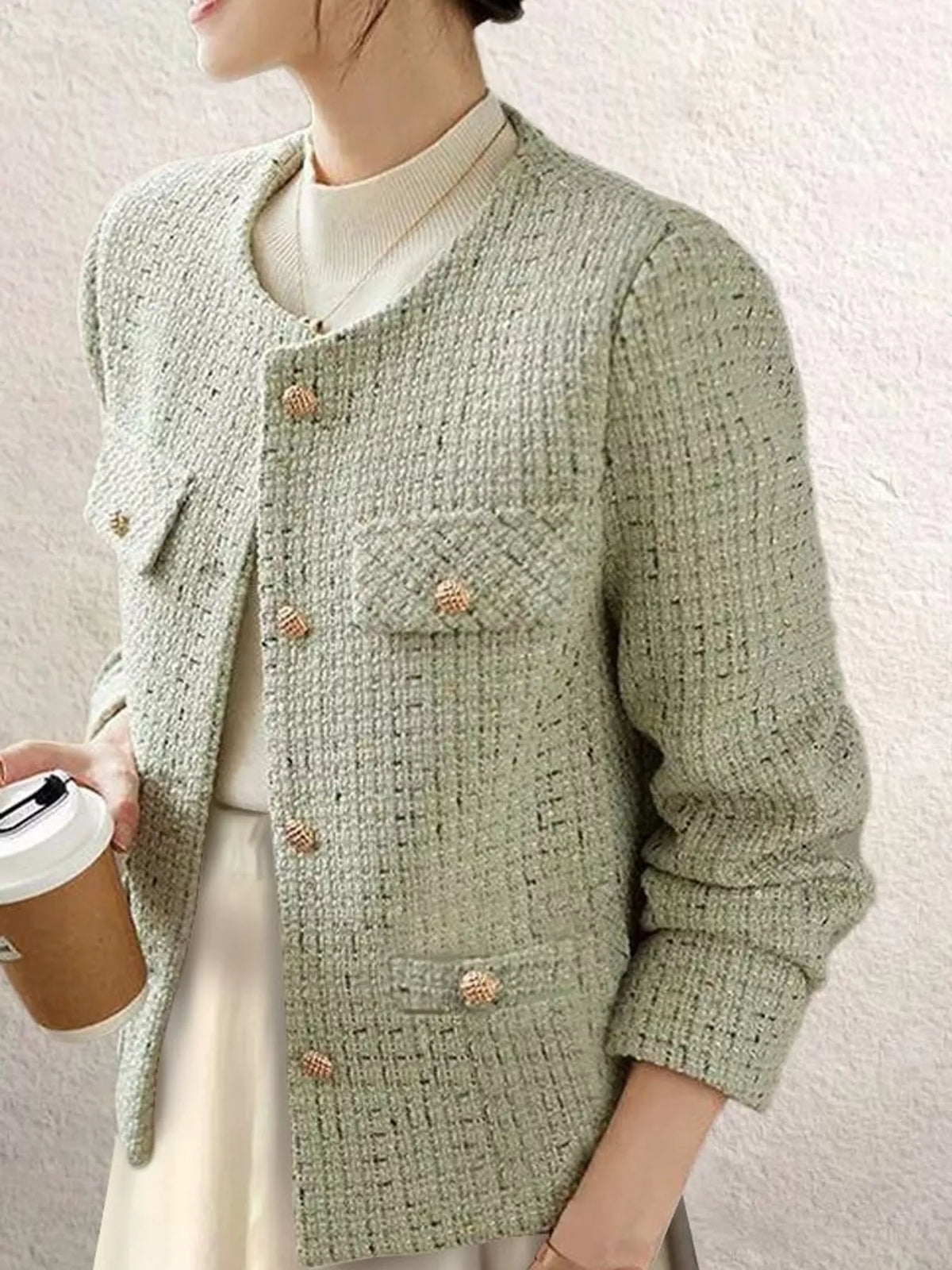 elegant tweed jacket with gold-tone button accents | dropsona - neutral - usage example