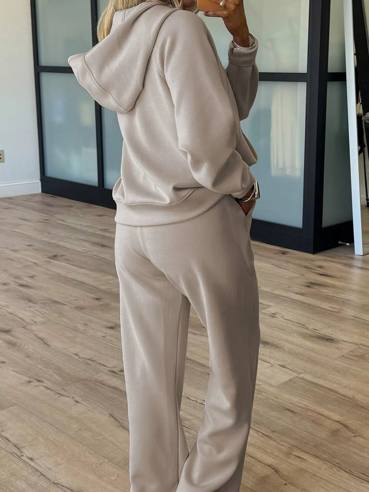 half zip long sleeve hoodie and pants 2pcs outfit | dropsona - neutral - front view
