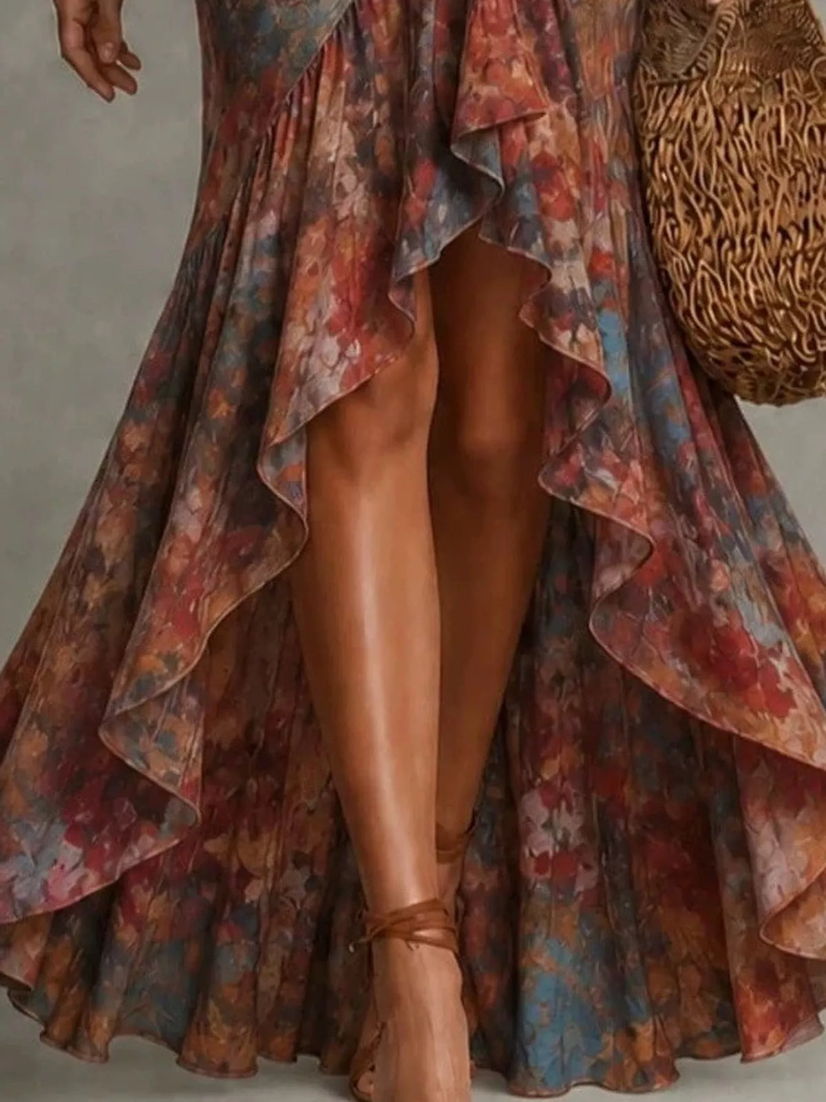 high-low ruffled maxi dress | dropsona - neutral - close-up detail