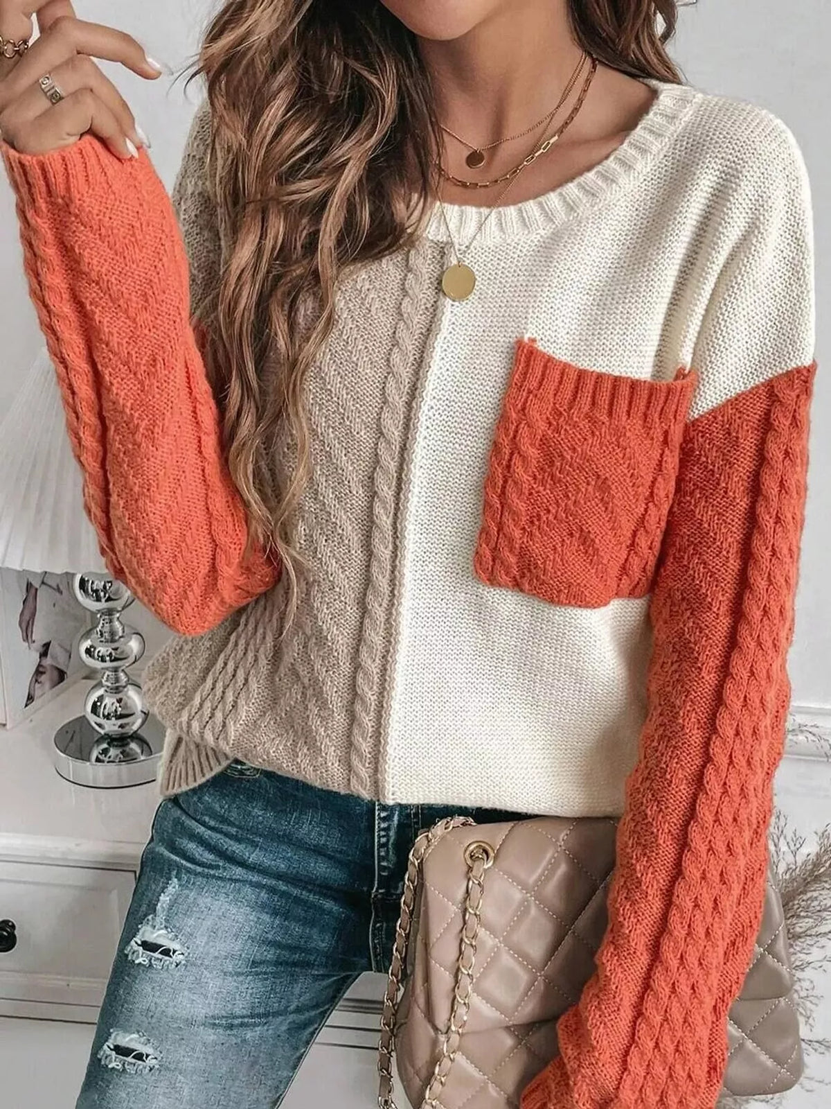color block cable knit sweater – cable-knit fit | dropsona - neutral - size reference