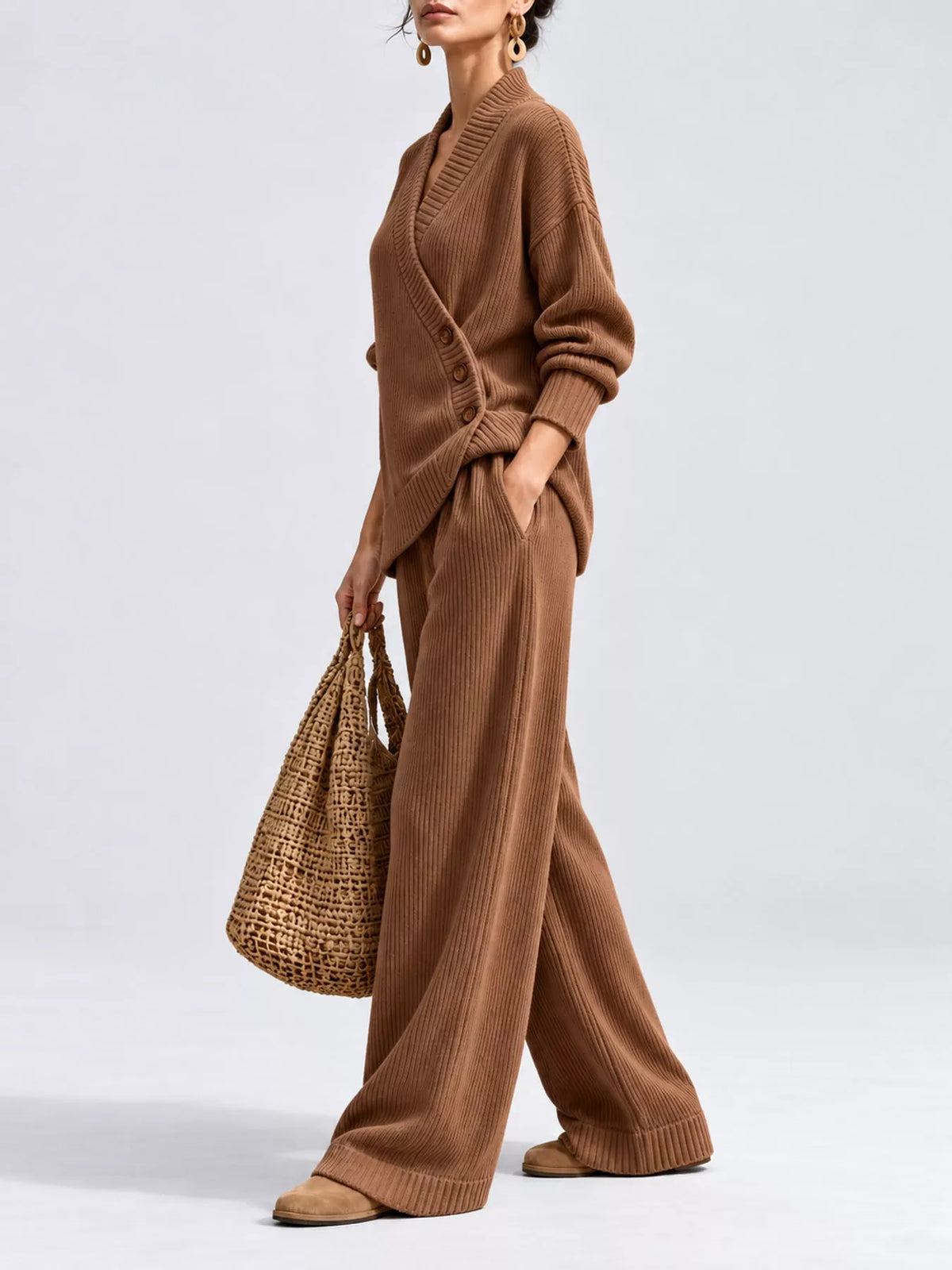 full size elegant v-neck wrap sweater and wide-leg | dropsona - neutral - size reference
