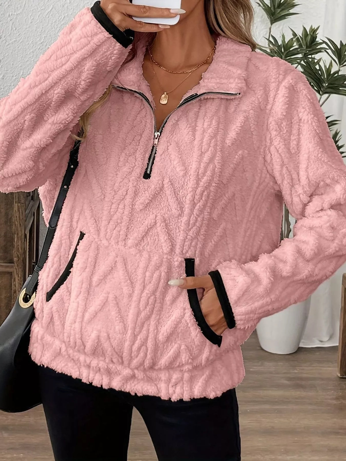 full size quarter-zip sherpa sweatshirt plus | dropsona - neutral - front view