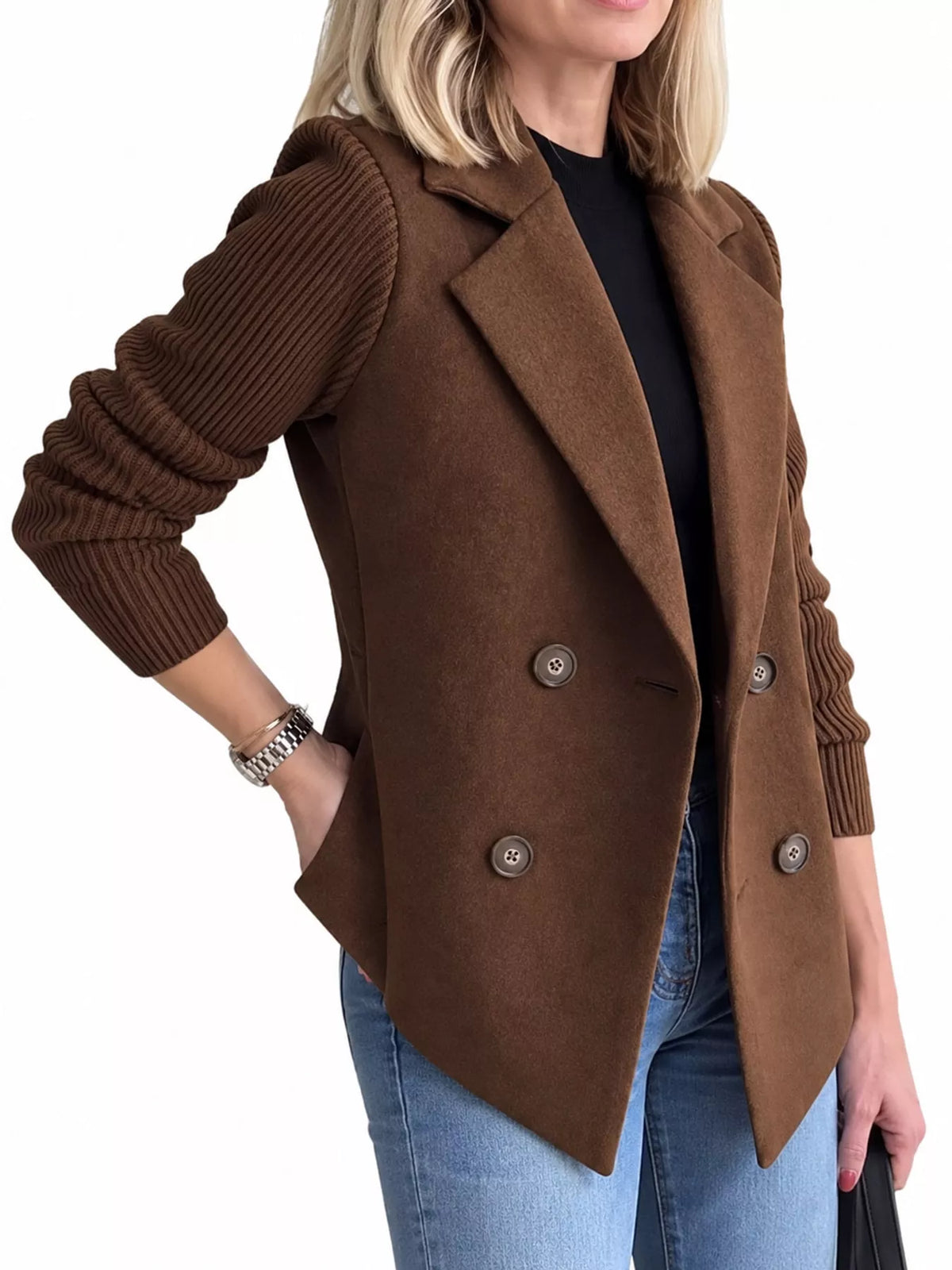 full size double-breasted hybrid blazer with ribbed | dropsona - neutral - material texture