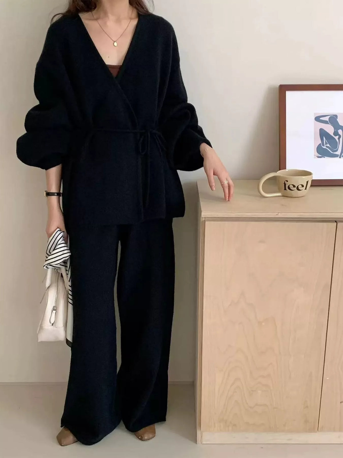 elegant v-neck wrap cardigan and wide-leg pants | dropsona - neutral - front view