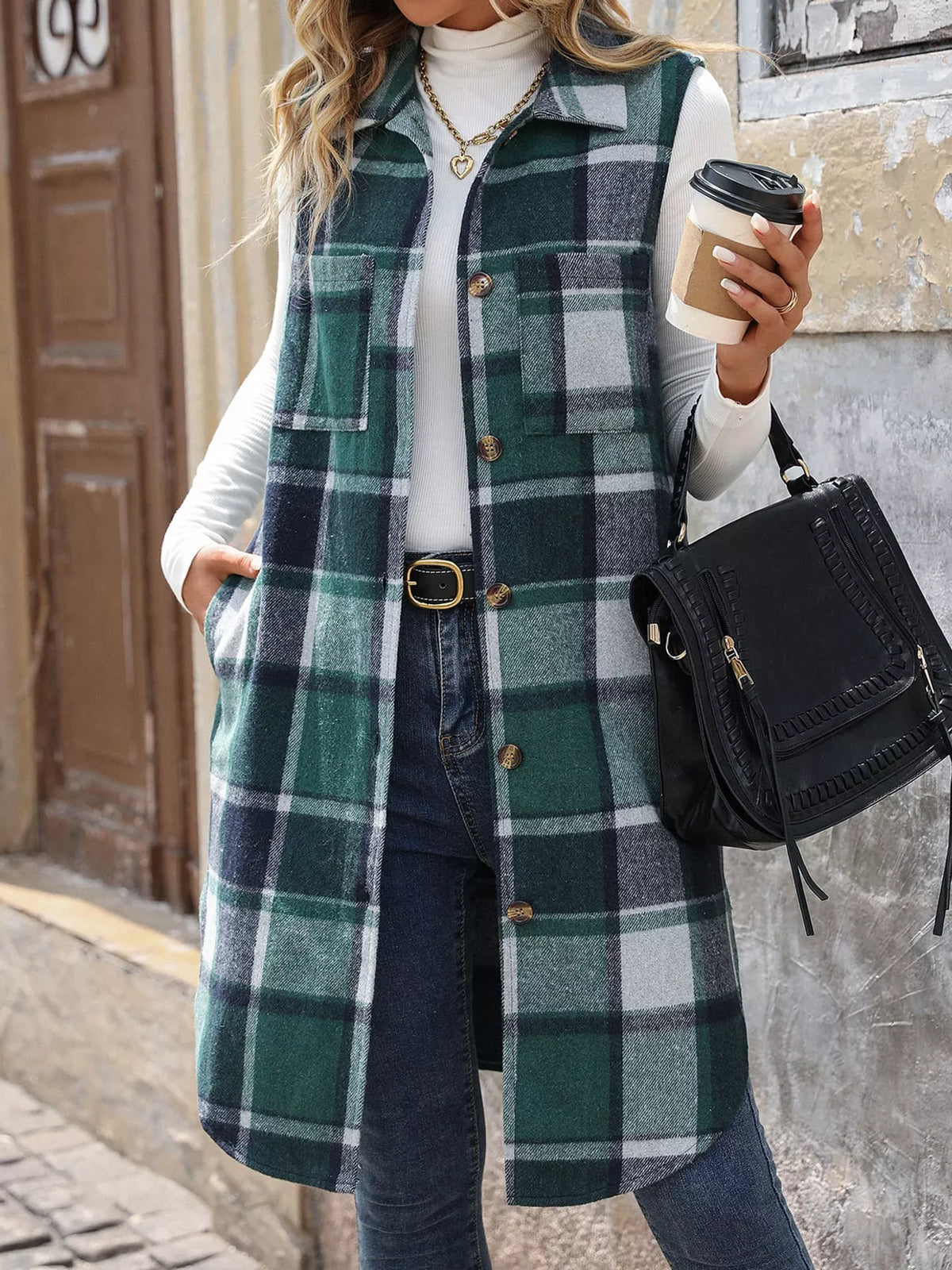 longline plaid button-down vest coat | dropsona - neutral - size reference