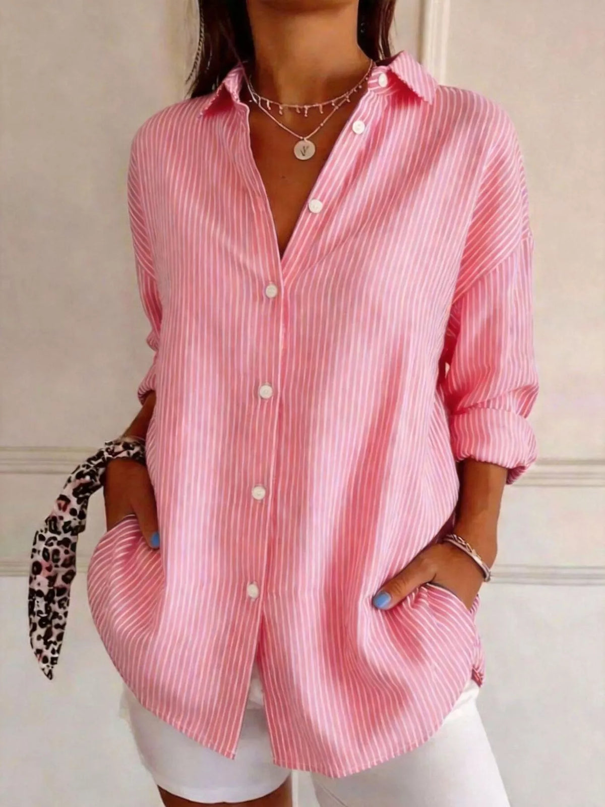 full size striped button-down long sleeve shirt plus | dropsona - neutral - front view