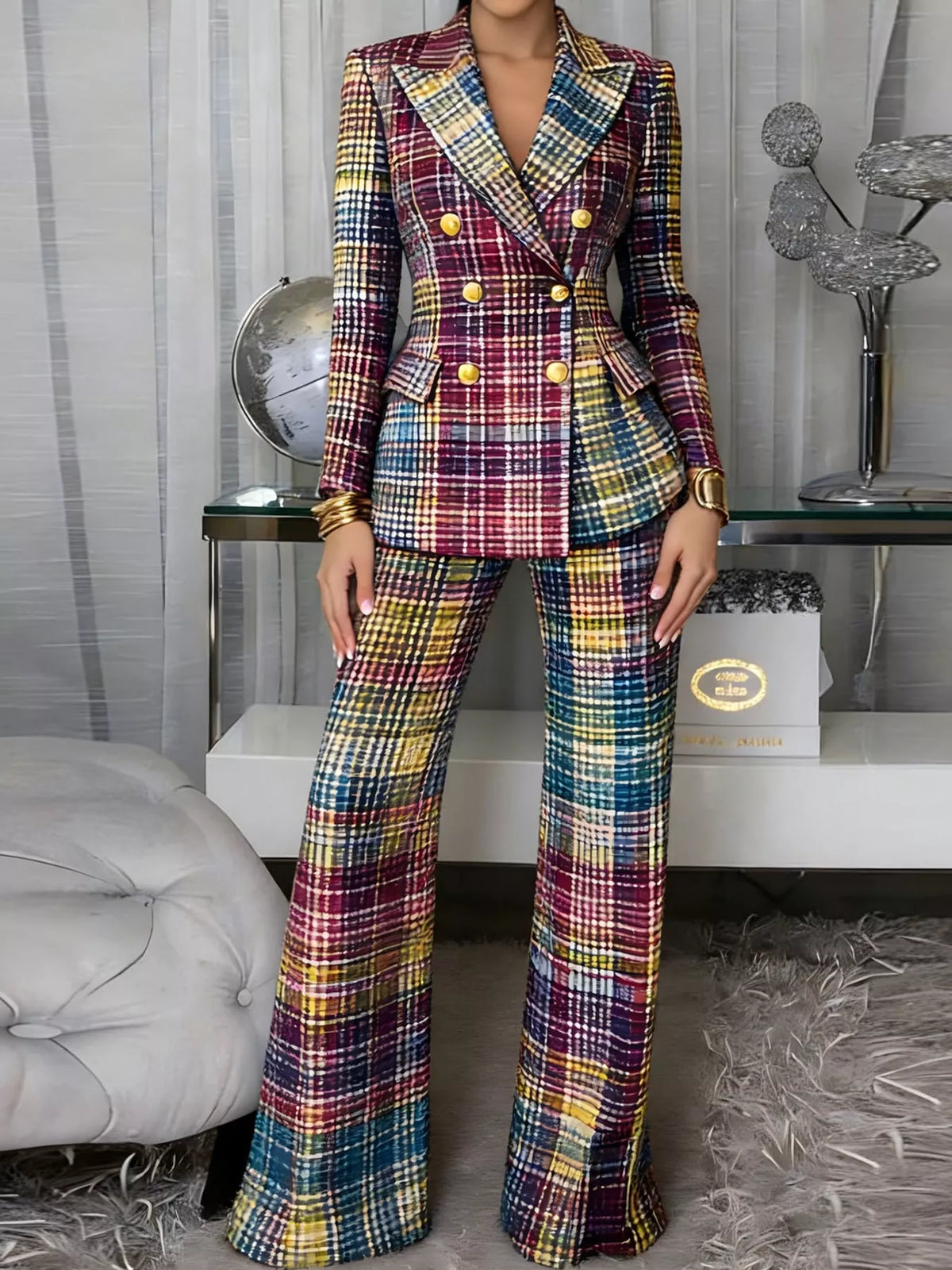 double-breasted blazer and pants set | dropsona - neutral - front view