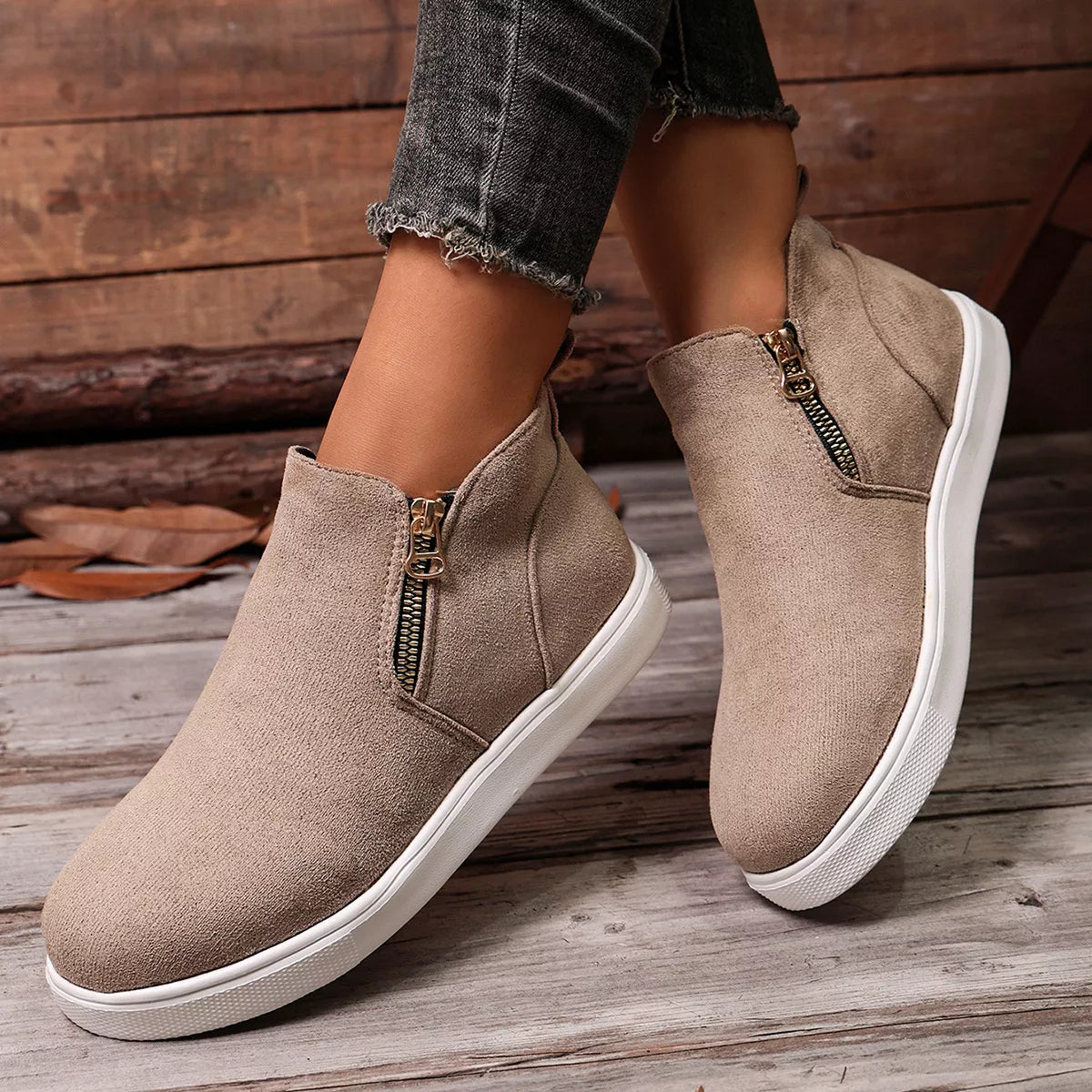 side zipper flat sneakers – modern steps | dropsona - neutral - front view