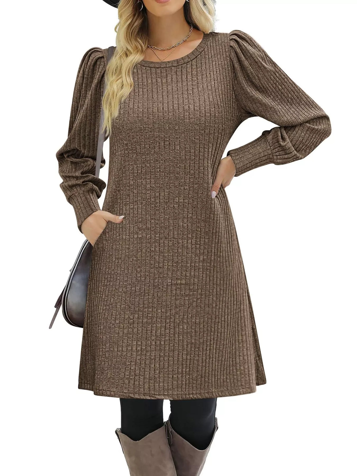 puff sleeve ribbed knit dress with pockets | dropsona - neutral - usage example