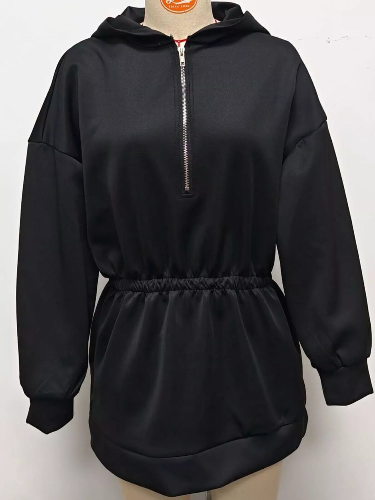 casual hooded quarter-zip sweatshirt dress | dropsona - neutral - close-up detail