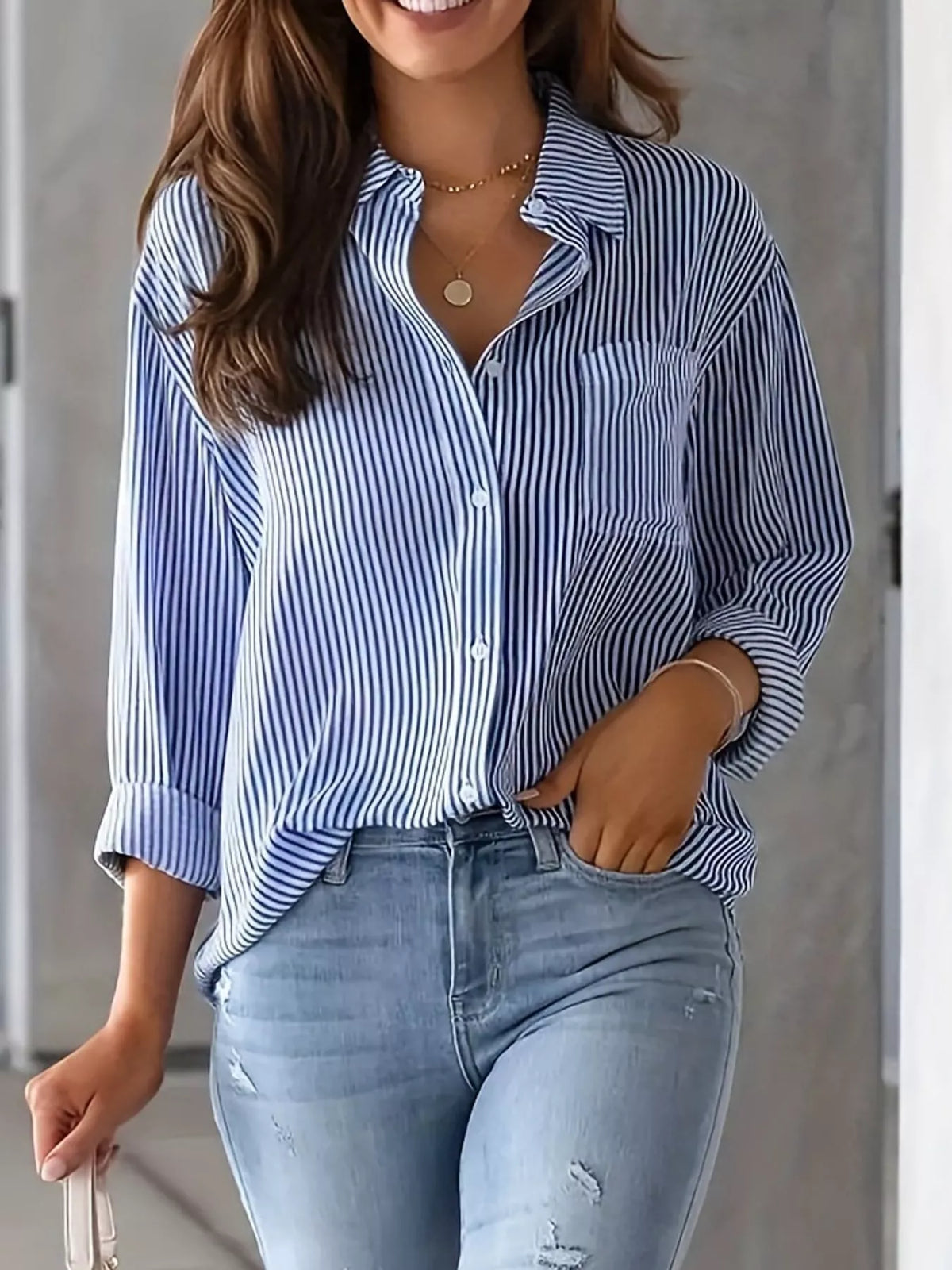 full size striped button-down long sleeve shirt plus | dropsona - neutral - close-up detail