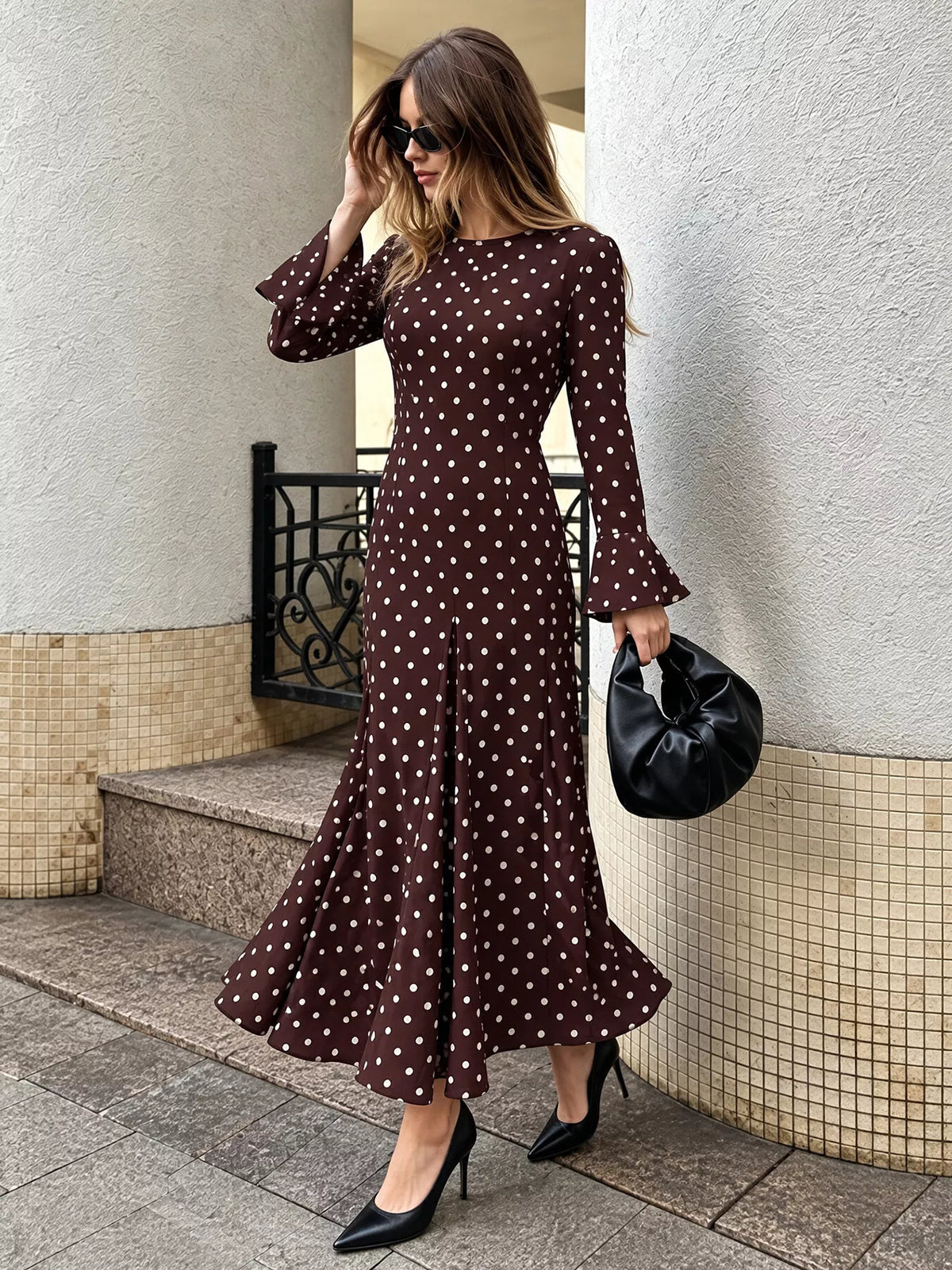 polka dot long sleeve maxi dress – zipper | dropsona - neutral - material texture