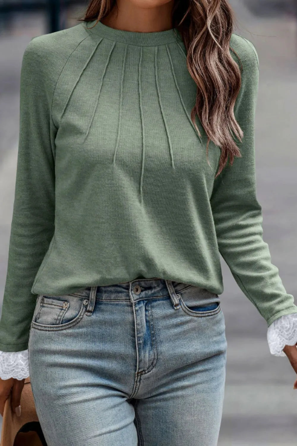 lace detail round neck long sleeve t-shirt - front view