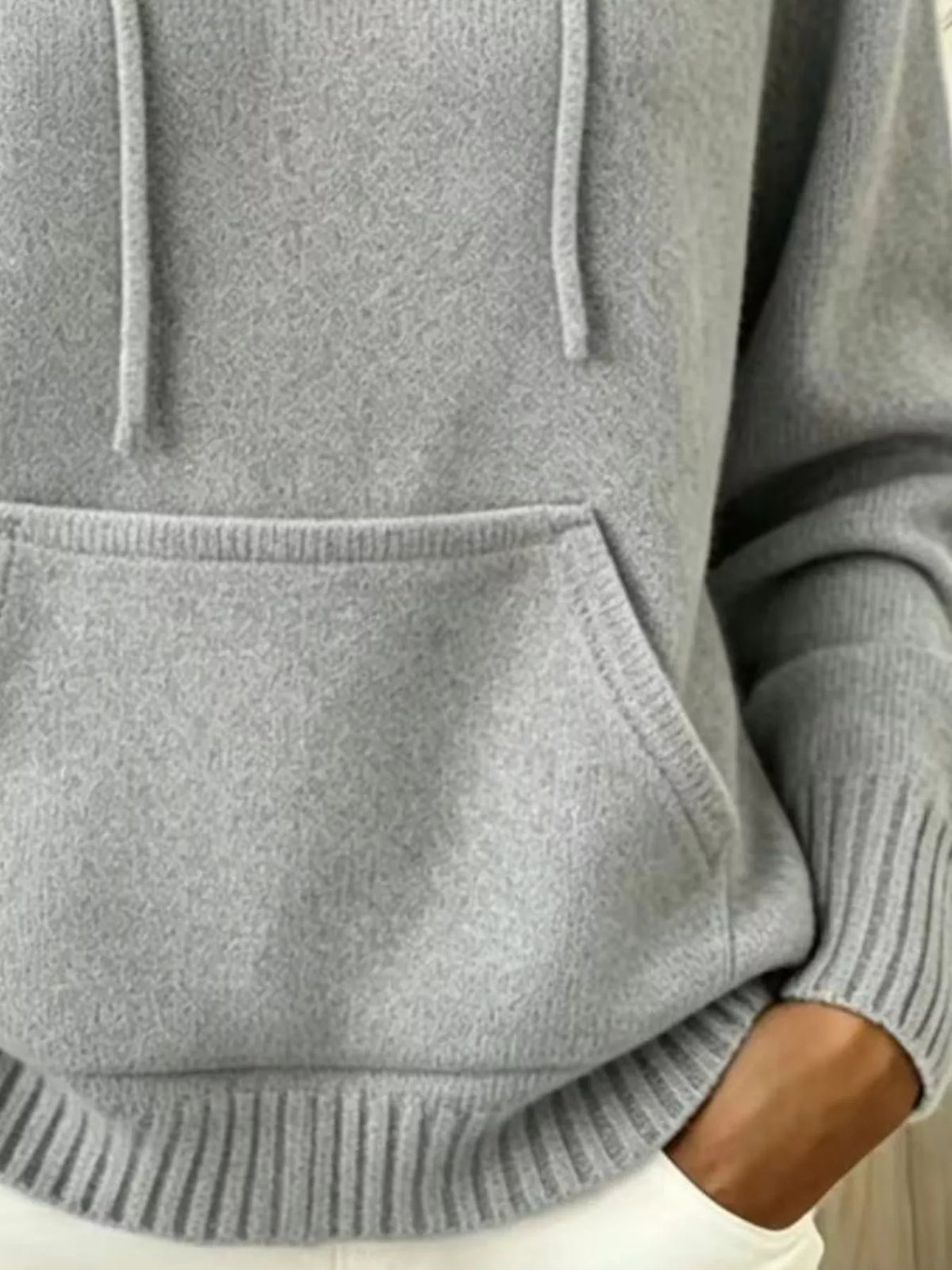 full size drawstring kangaroo pocket hooded sweater | dropsona - neutral - close-up detail