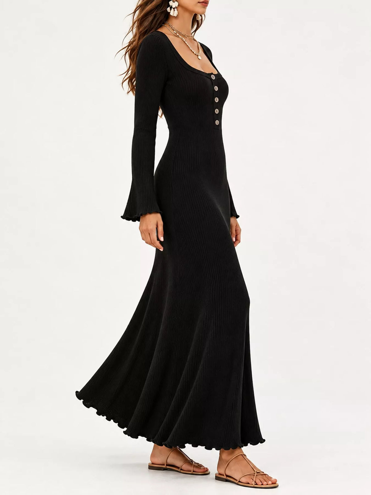 button-front ribbed knit maxi dress | dropsona - neutral - front view