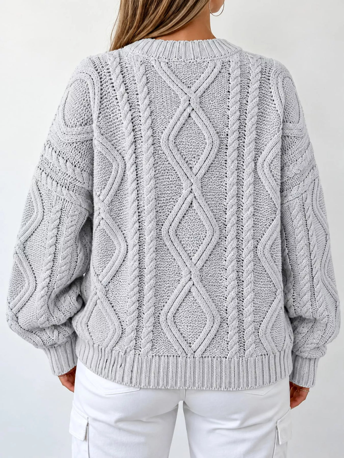 full size cable-knit round neck sweater plus | dropsona - neutral - front view