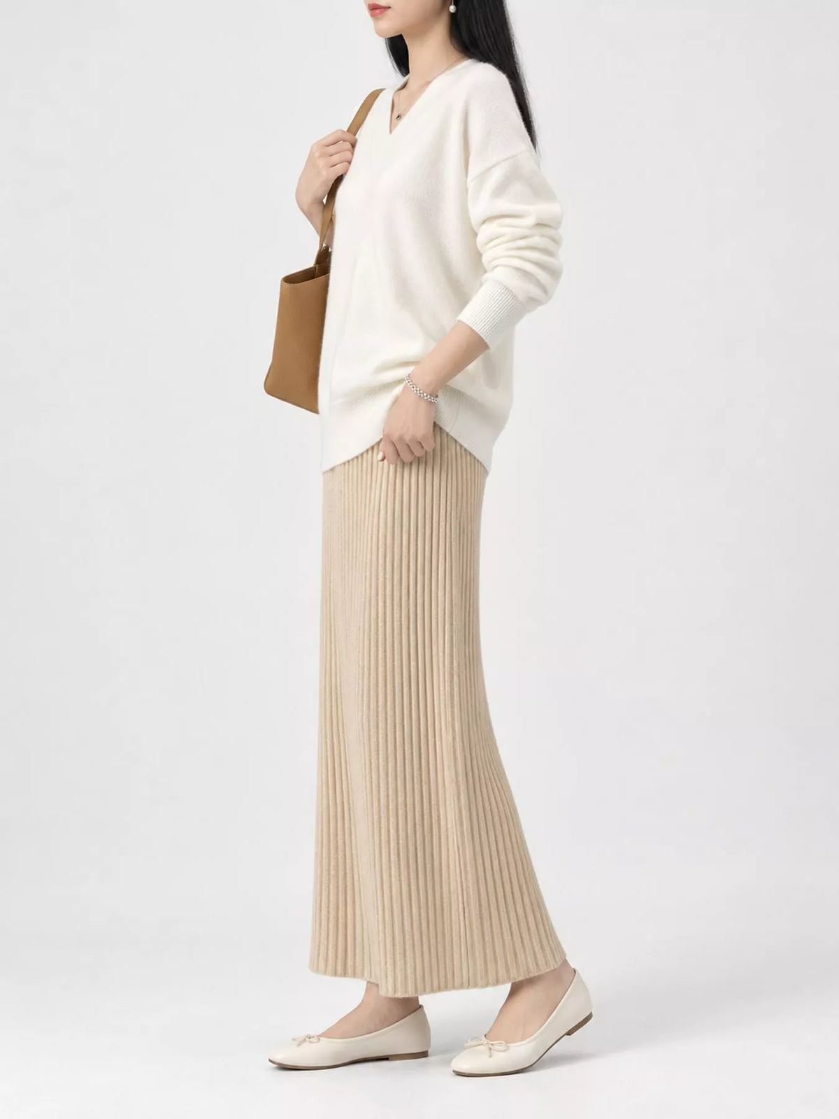 wrap-front long sleeve sweater – crisscross,ribbed fit | dropsona - neutral - size reference