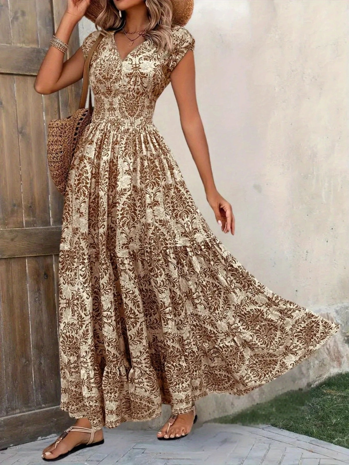 printed cap sleeve maxi dress – tiered,smocked | dropsona - neutral - size reference