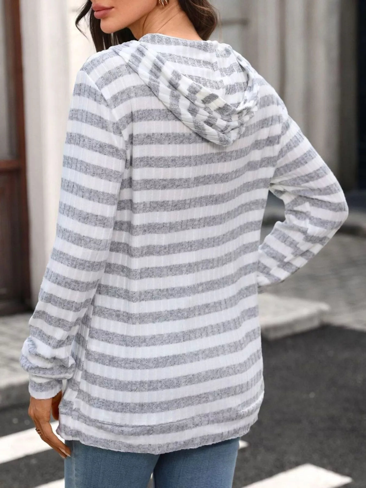 casual striped ribbed knit hoodie with kangaroo pocket | dropsona - neutral - usage example