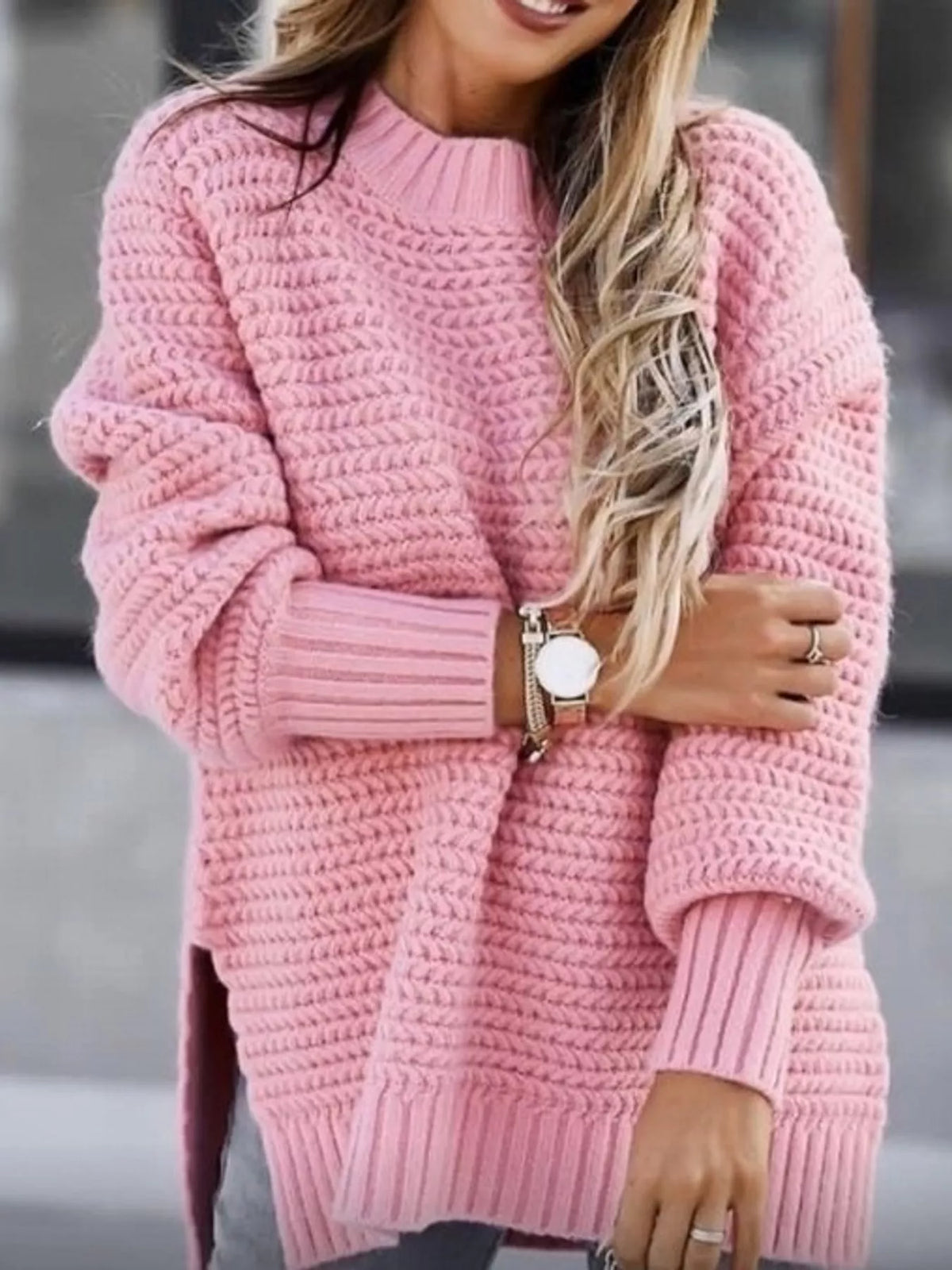 side slit textured knit sweater – ribbed,slit fit | dropsona - neutral - size reference