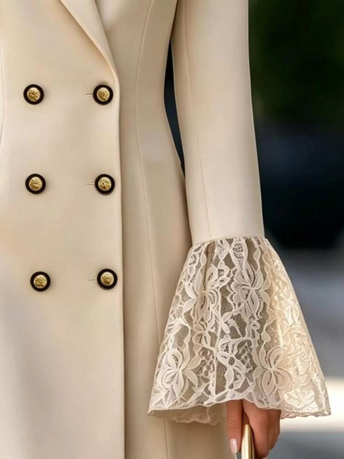 double-breasted blazer dress with lace flare cuffs | dropsona - neutral - close-up detail