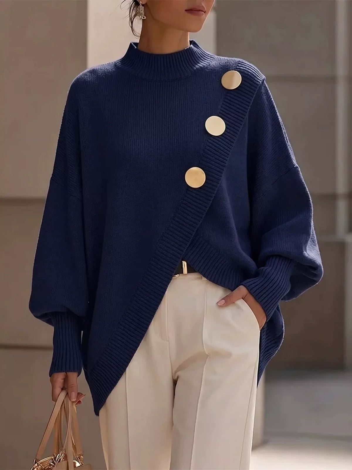 asymmetric button-decorated sweater | dropsona - neutral - everyday use