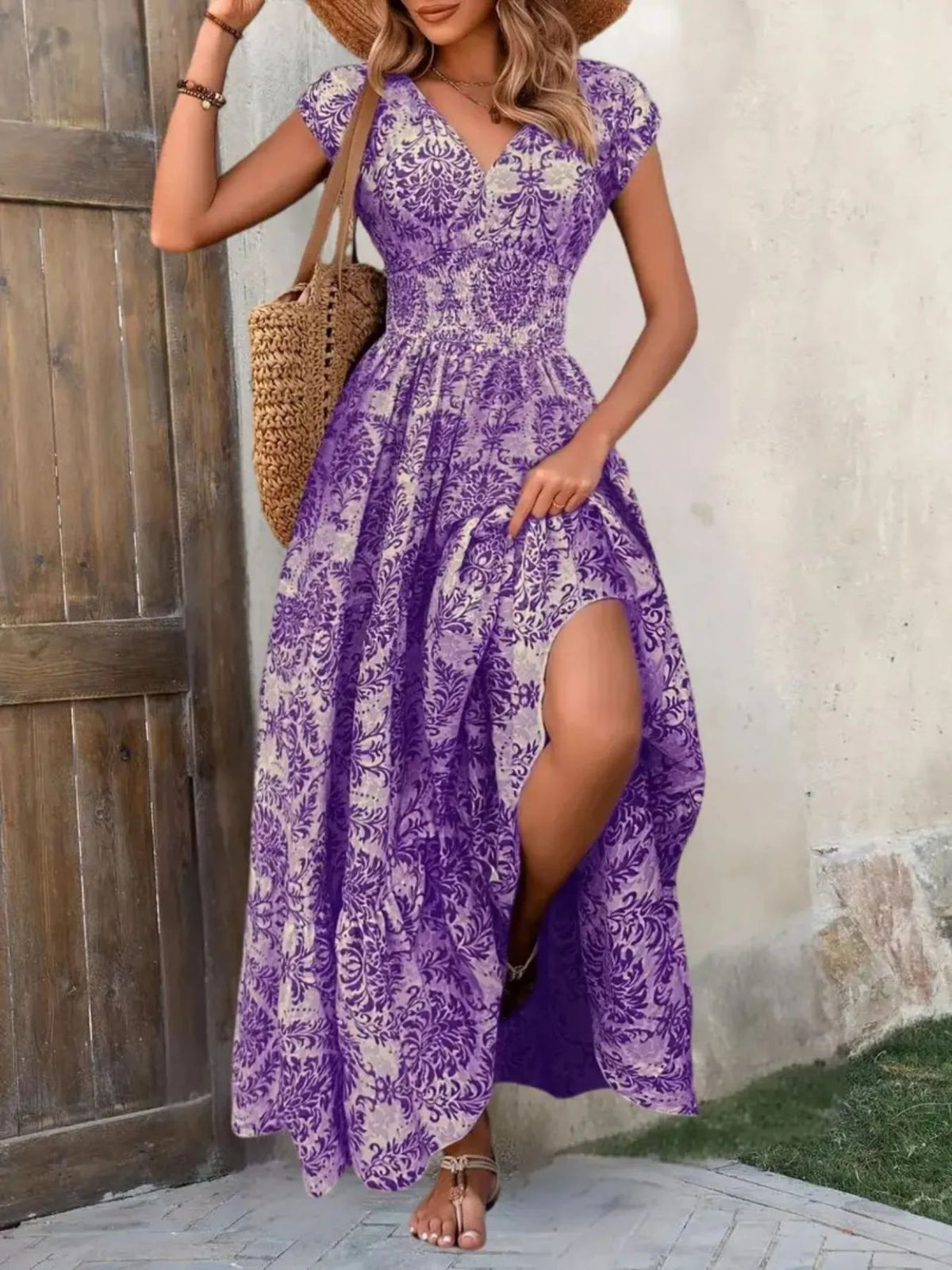 printed cap sleeve maxi dress – tiered,smocked | dropsona - neutral - packaging