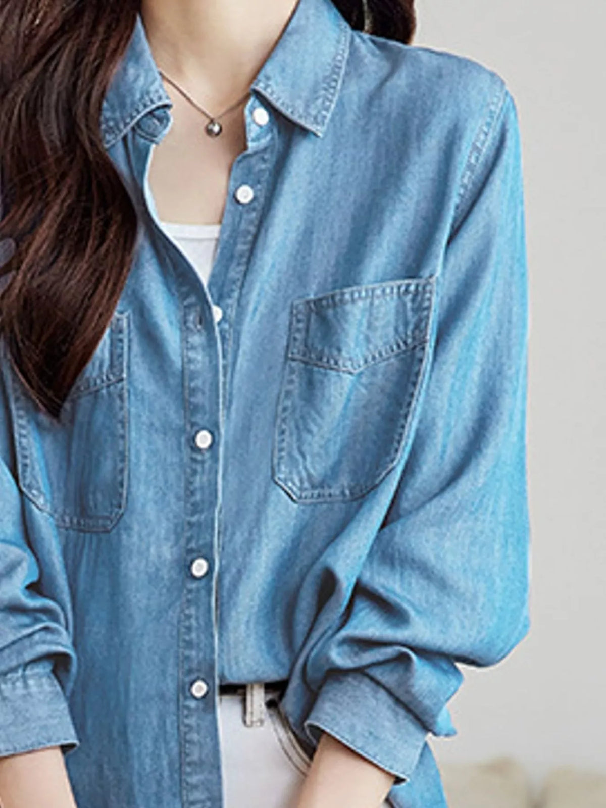 button-down denim shirt with dual chest pockets | dropsona - neutral - front view