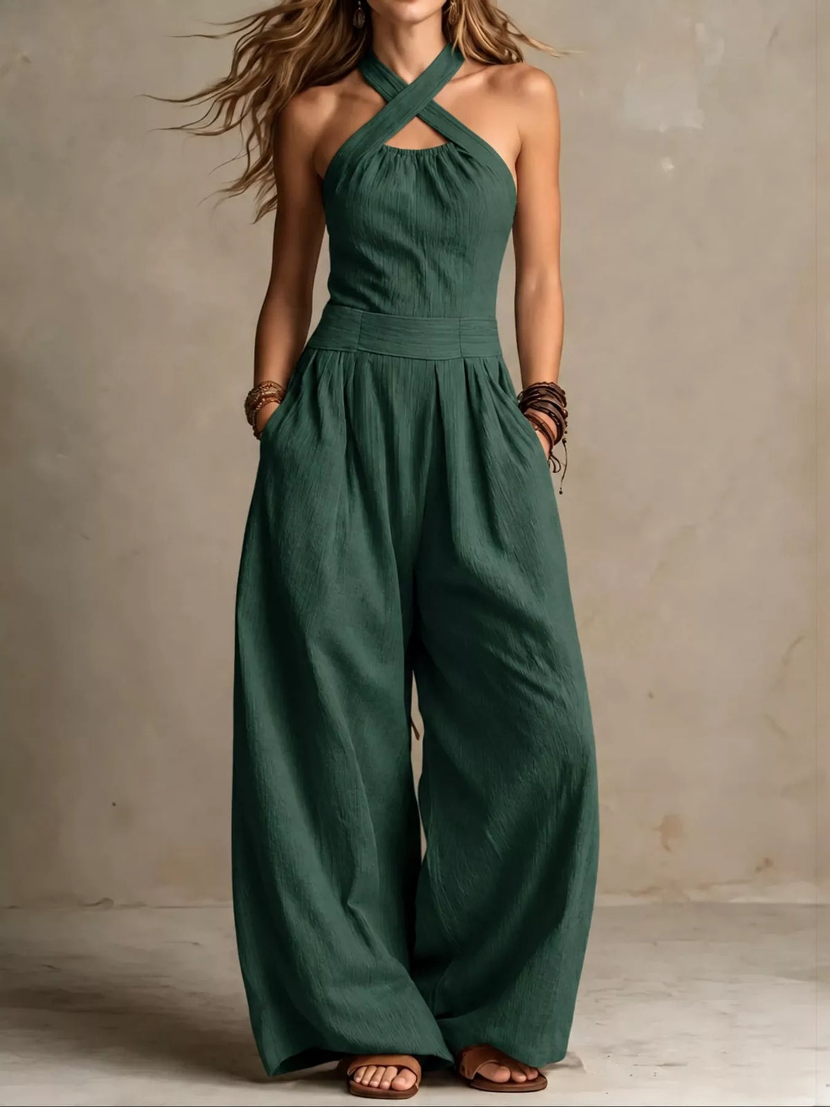 full size halter neck wide-leg jumpsuit plus | dropsona - neutral - usage example