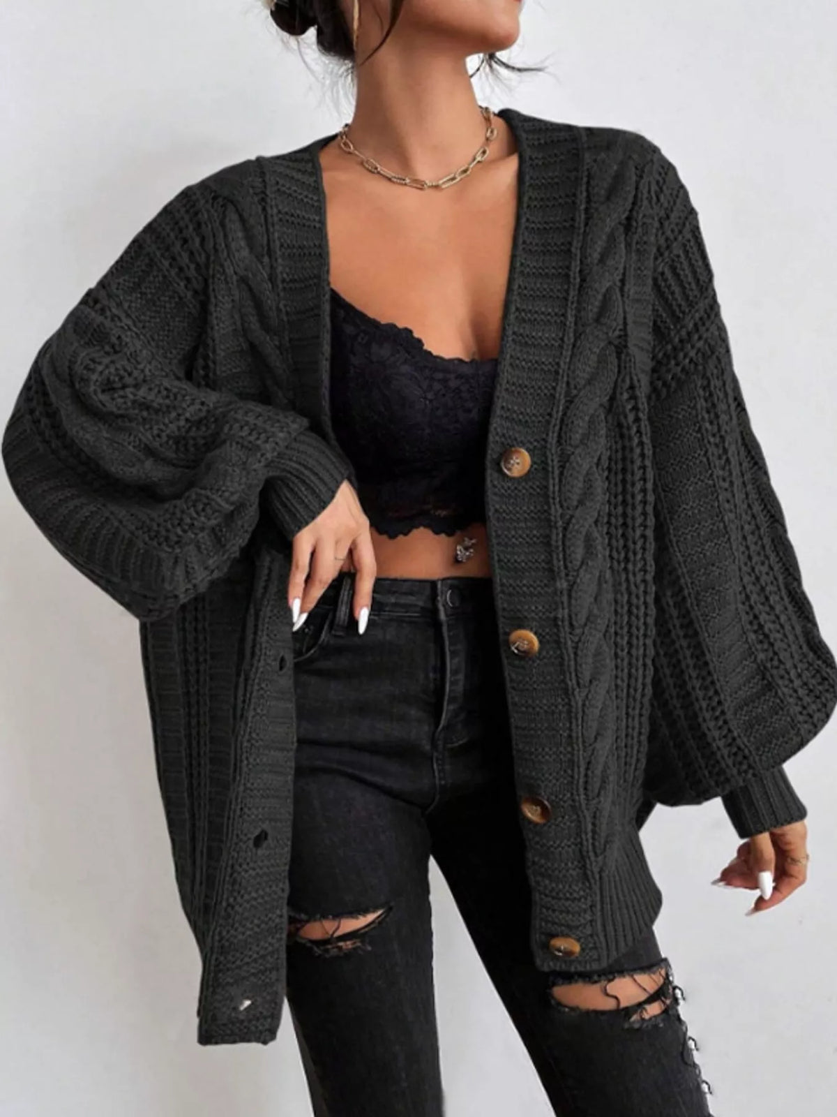 cable knit button-down cardigan | dropsona - neutral - size reference