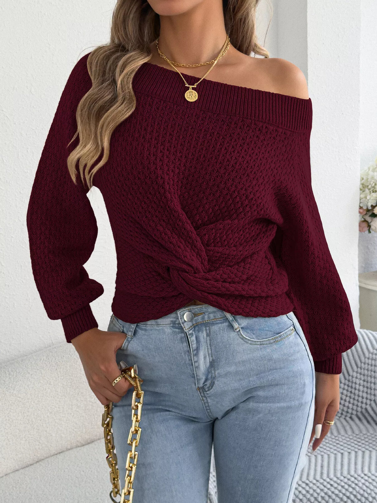 off-shoulder twist front textured knit top – twisted | dropsona - neutral - usage example