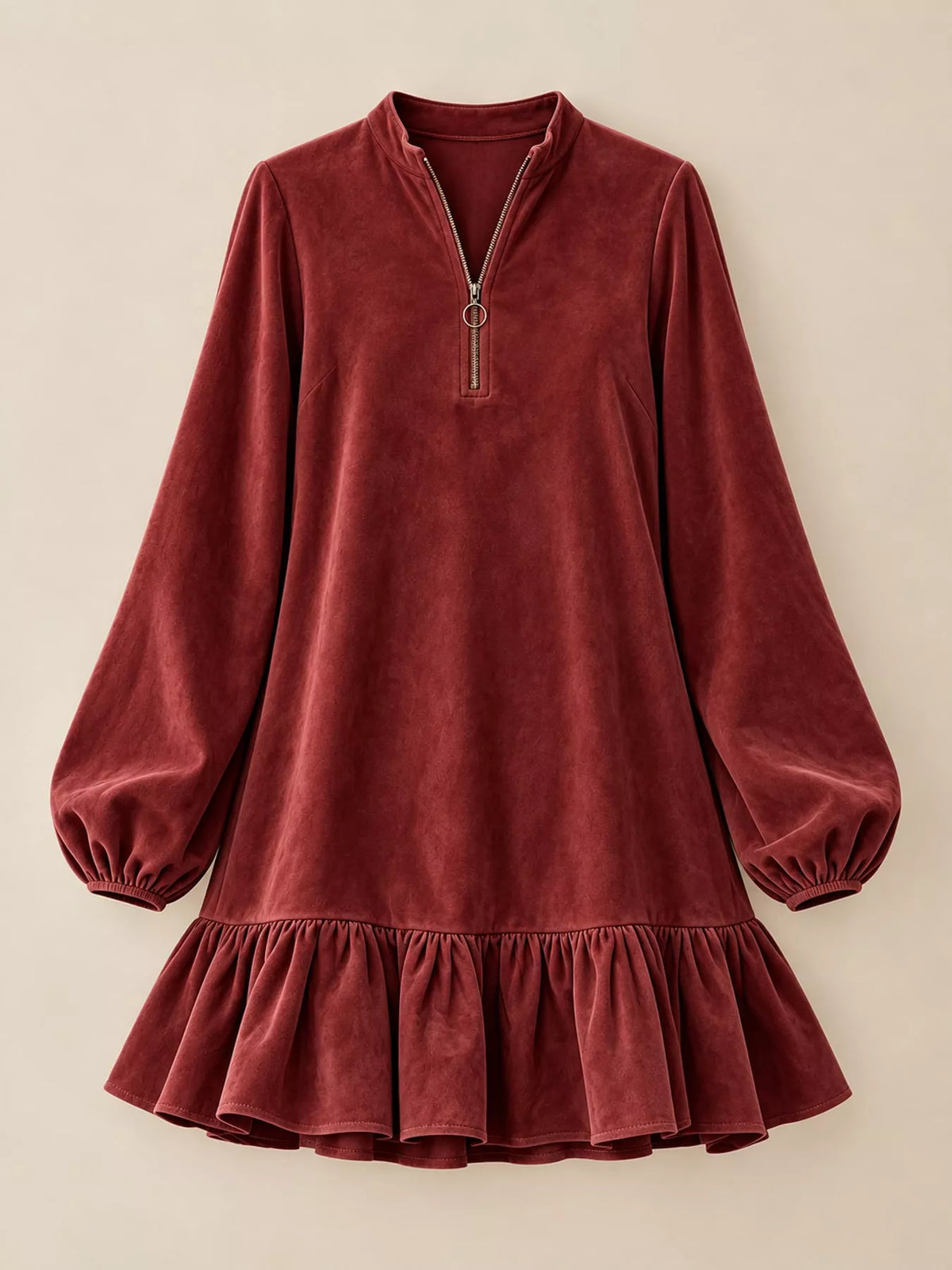 quarter-zip ruffle hem mini dress | dropsona - neutral - close-up detail