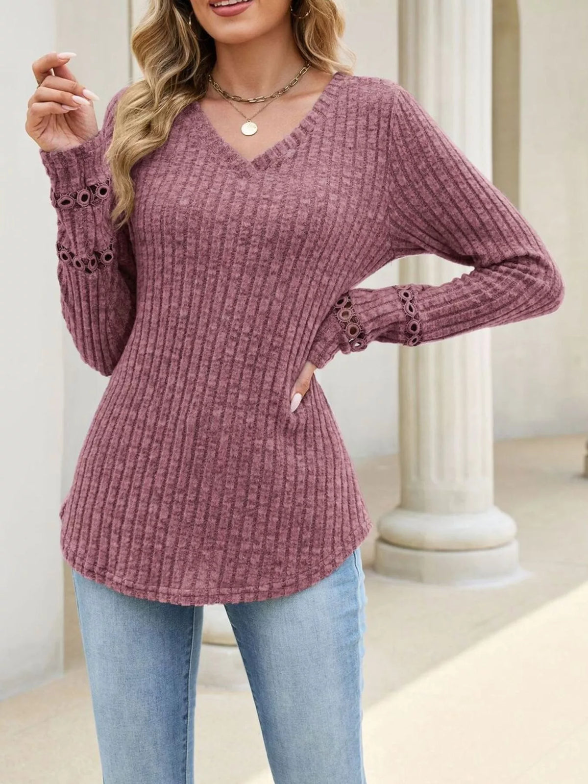 v-neck ribbed knit top with eyelet cuff detail | dropsona - neutral - usage example