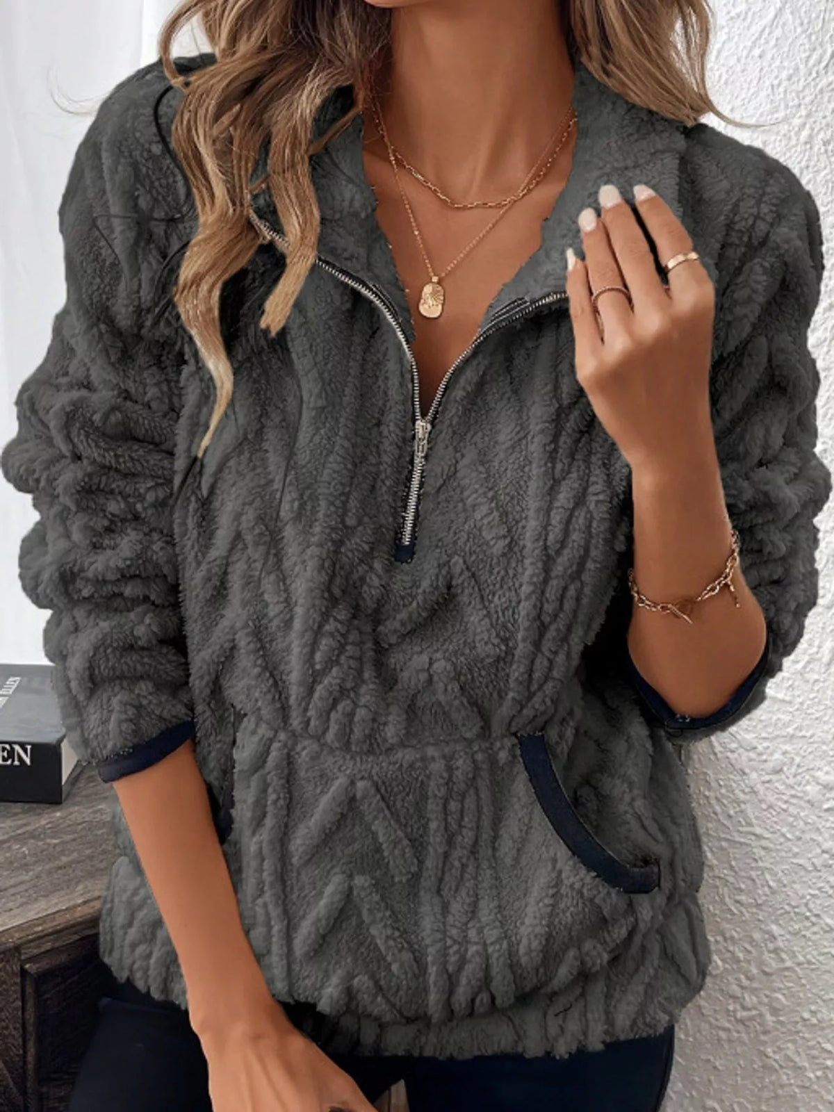 full size quarter-zip sherpa sweatshirt plus | dropsona - neutral - material texture
